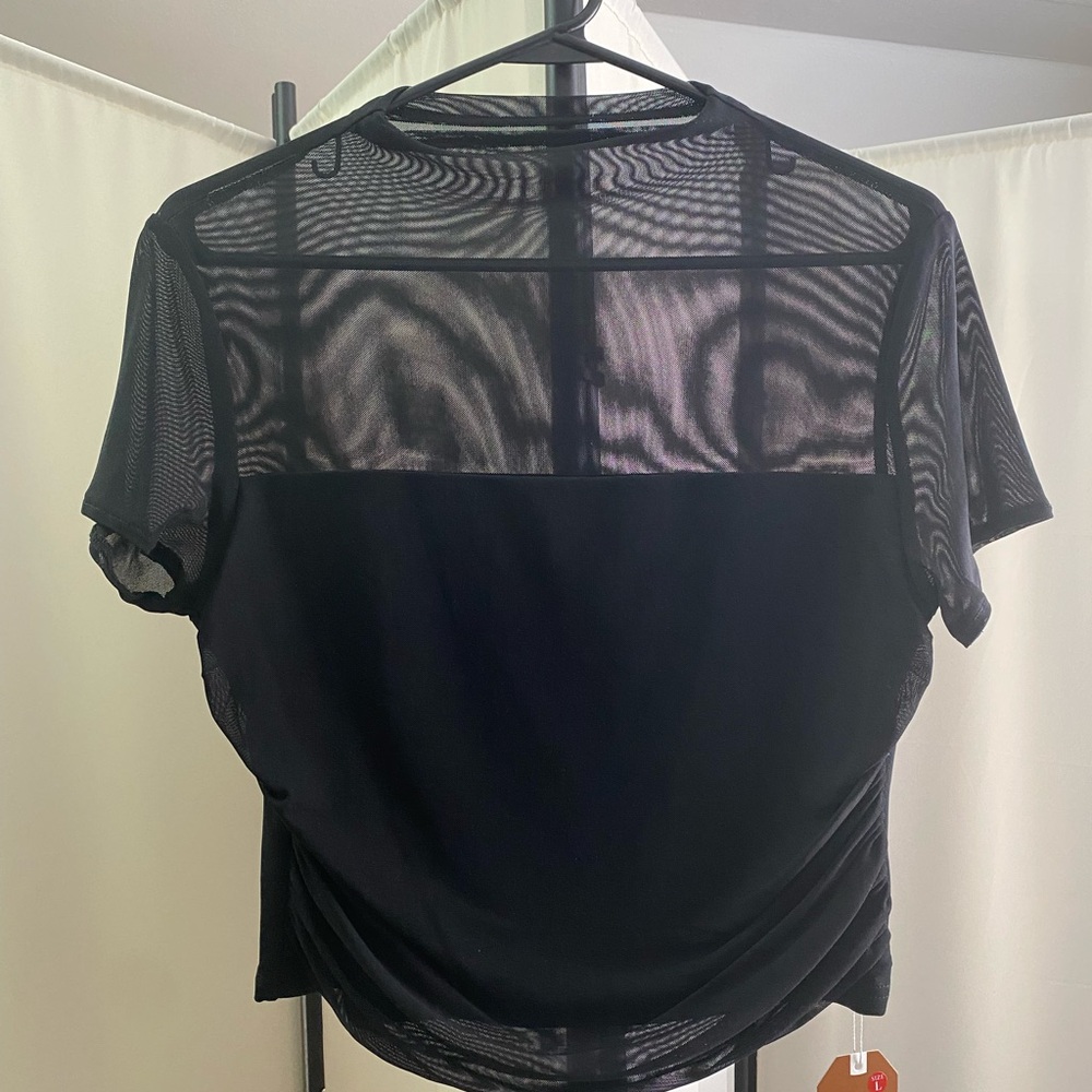 ReoRia Black Short-Sleeve Crop Top with Sheer Mesh Yoke